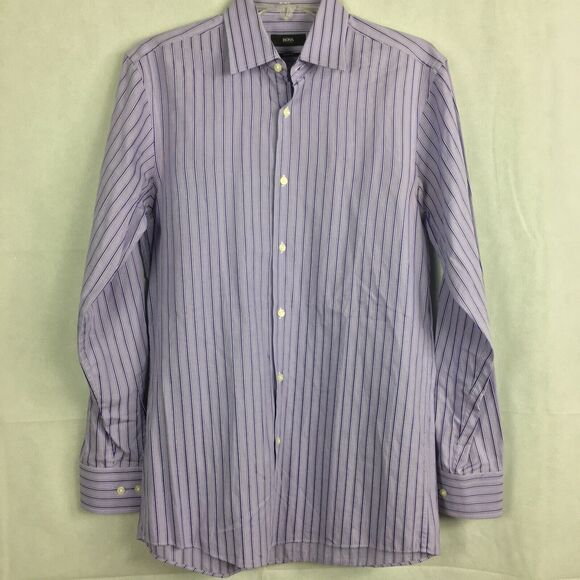Hugo Boss Shirt Mens Sz 15 32 33 Purple Striped Sharp Fit Long Sleeve Button Up - Picture 2 of 9